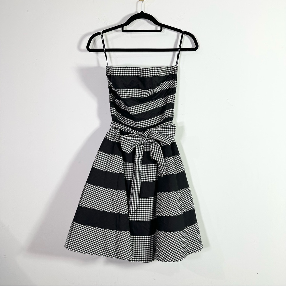 Betsey Johnson Vintage Black White Checkered Striped Full A-Line Strapless Dress